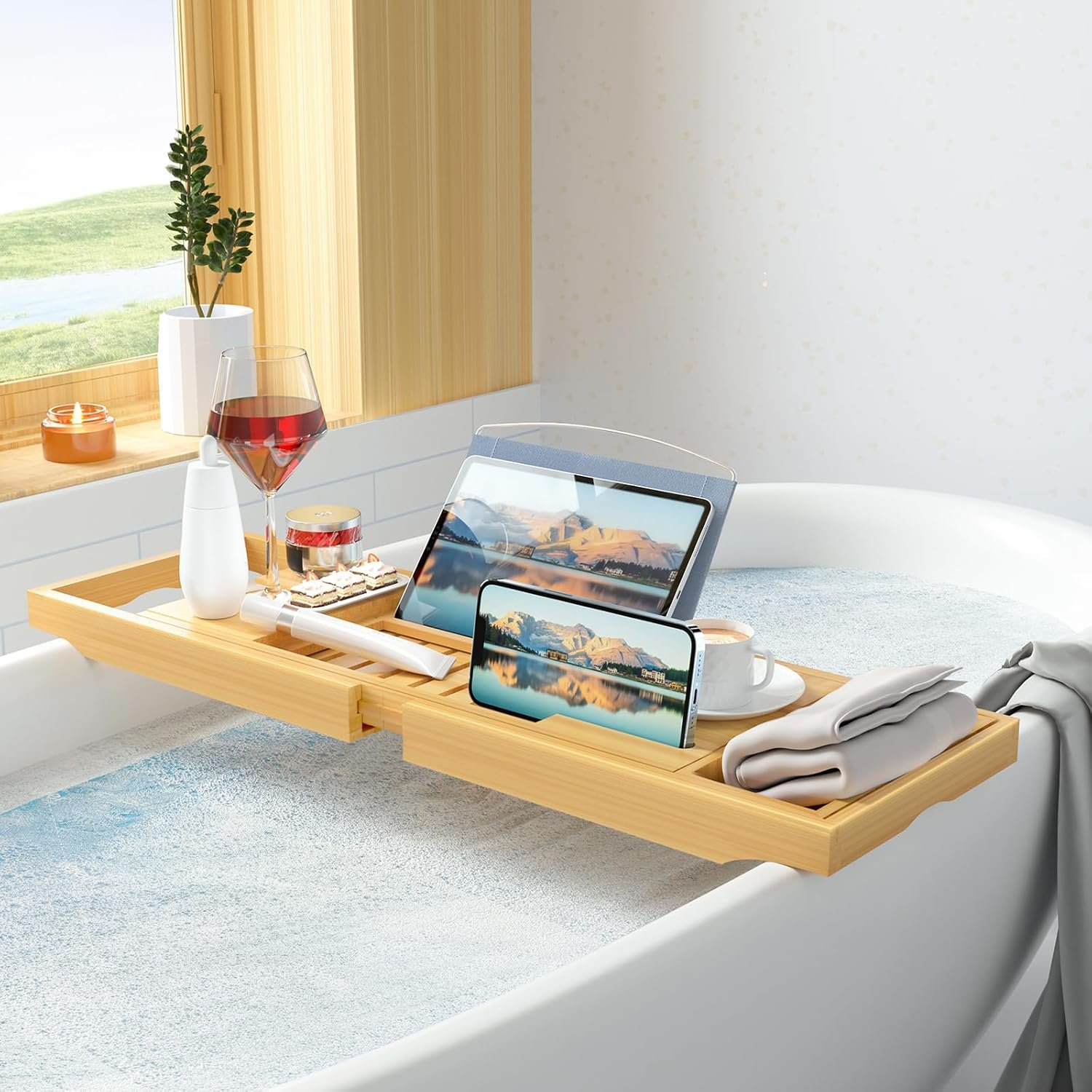 Luxury Bamboo Bathtub Tray - Wooden Expandable Caddy with Book, Tablet, Wine Holder - Gift Idea - Image 4