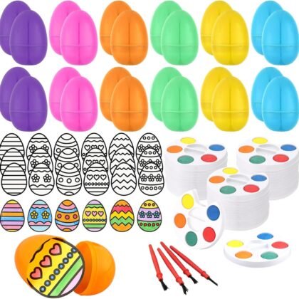 Glenmal 24 Set Fillable Plastic Easter Eggs with Mini Watercolor Paint Pallet DIY Coloring Cutout Craft for Easter Egg Hunts Prizes Classroom Paint Party Supplies Holiday Art Activities