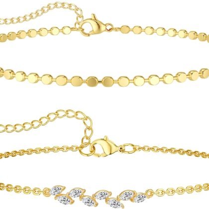 MIDEEO Bracelets for Women Dainty Layered Herringbone Twisted Rope Chain Bracelets Set Layering Dot CZ Leave Beaded Bracelets Dainty Cubic Zirconia Tennis Chain Bracelet Jewelry Gifts