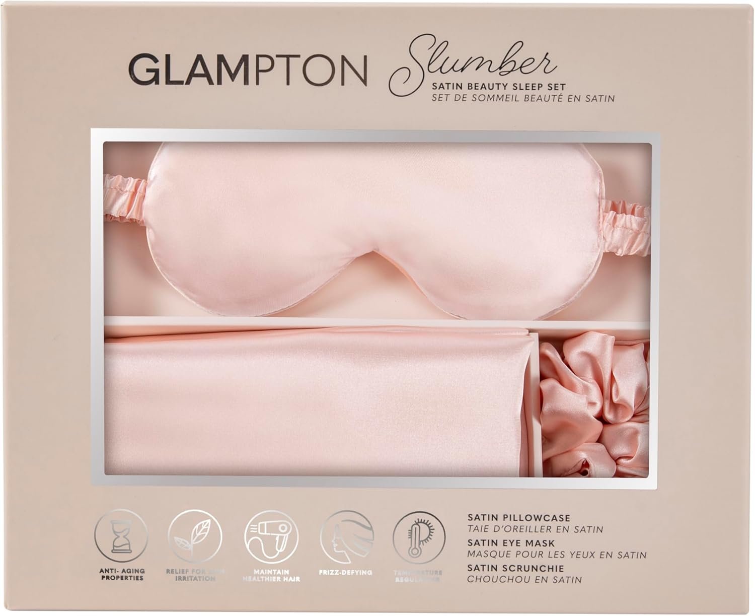 Slumber Satin Beauty Sleep Set, Peach, 3-Piece Set with Pillowcase, Eye Mask, and Scrunchie