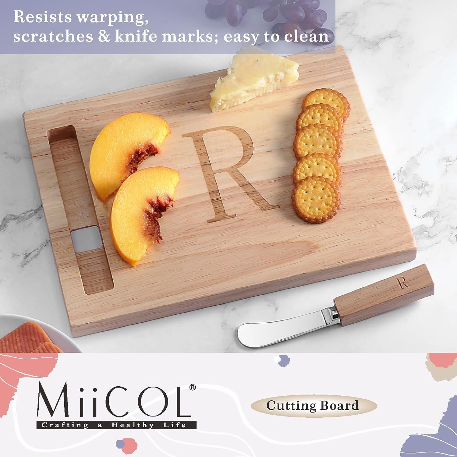 Miicol Wood Charcuterie Board, Monogram Cheese Board 10 Inch, Personalized Initial Cutting Board with Spreader, Unique Housewarming Gift, Ideal for Kitchen, Home, Letter R - Image 3