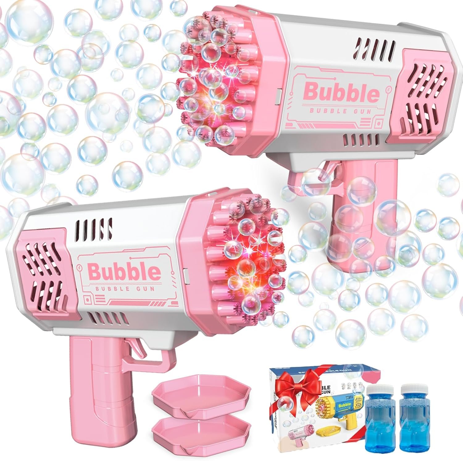 2 Bubble Gun with 2 Bottles Refill Solution for Kids, 40-Hole Light Up Bubble Machine for Toddlers 1-3, Pink Bubble Blaster Maker, Party Favors Toys for Boys Girls 4-8 Birthday Gifts