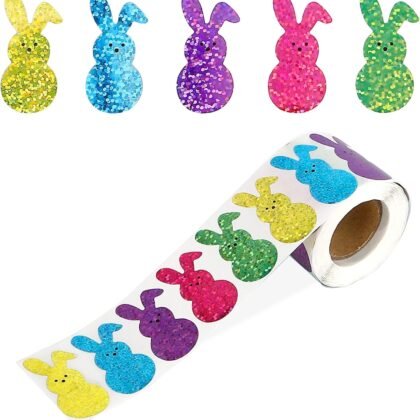 Easter Bunny Stickers, Colorful Glitter Bunny Sticker Roll, 1.5'' Sparkly Self-Adhesive Rabbit Stickers Gift Seals Decal for Scrapbooks Card Water Bottle Craft Holiday Easter Party Favors Decor 500Pcs