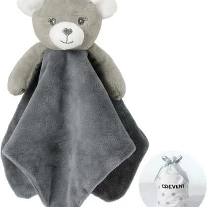 CREVENT Cozy Plush Baby Security Blanket Loveys for Baby Girls Boys, Stuffed Animal Ring Rattle Shaker Toy for Newborns (Bear)