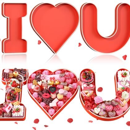 Valentine’s Charcuterie Cardboard Letter I Love U, 13.78" Red Heart Shape Fillable Board for Food, Chocolates, Cupcakes, Flowers, Roses, Candies for Girlfriend Wife Date Gift, Valentine’s Party Decor
