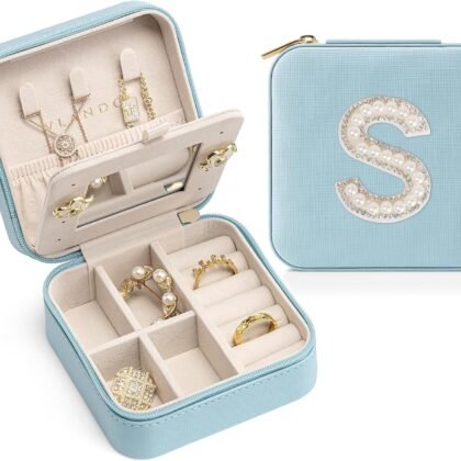 VLANDO Travel Jewelry Box for Girls Women, Initial Jewelry Organizer Box Travel Must Haves Jewelry Case for Girls, Travel Necklace Earrings Ring Box for Daughters, Valentines Gift - Letter S, Blue
