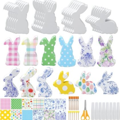 BrightRow 24 Set DIY Easter Unfinished Wood Bunny Set for Crafts Decoupage Your Own Wooden Bunny with Easter Statue Decoupage Napkins Glue Sponge Brush Paint Brush for Home Decor DIY Arts Crafts
