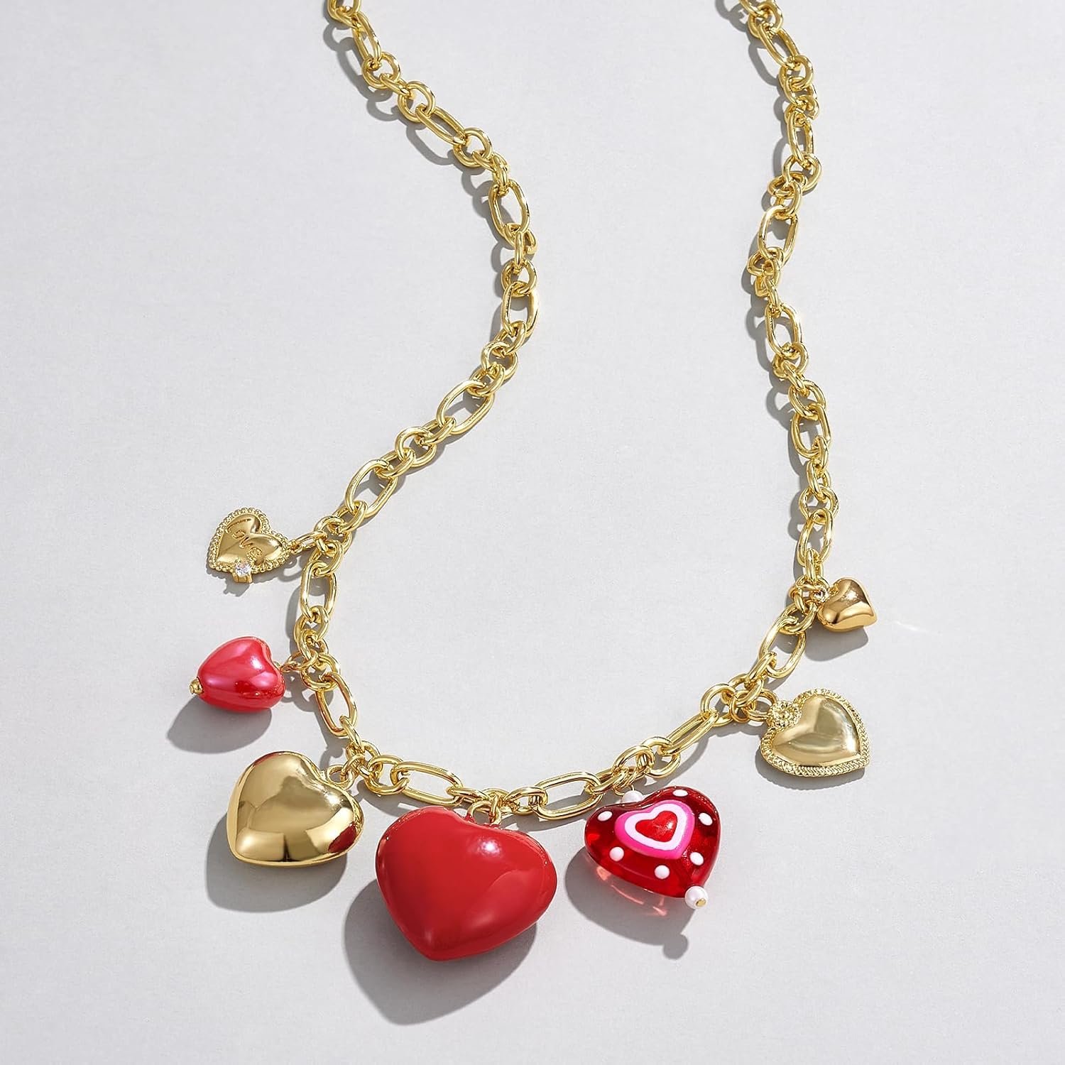 KissYan Heart Charm Necklace for Women, 14K Gold Plated Chunky Red Love Heart Pendant Link Chain Fashion Jewelry Gifts - Image 7