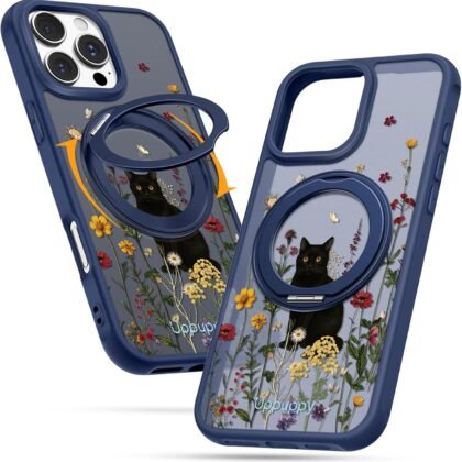 Uppuppy for iPhone 16pro Case - Compatible with MagSafe for Women Girls Bulit-in 360° Rotatable Magnetic Ring Holder Kickstand Cute Aesthetic Black Cat Design for Apple 16pro