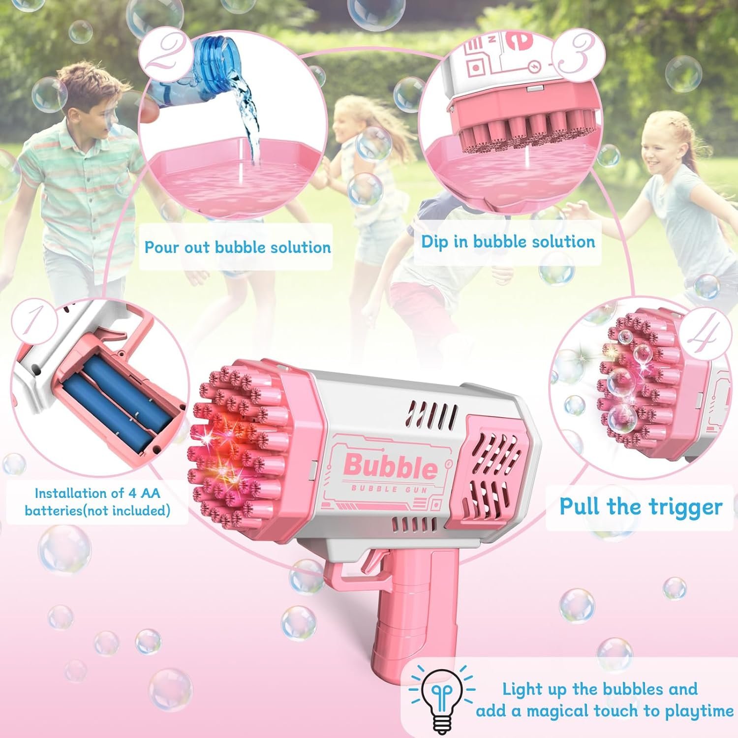 2 Bubble Gun with 2 Bottles Refill Solution for Kids, 40-Hole Light Up Bubble Machine for Toddlers 1-3, Pink Bubble Blaster Maker, Party Favors Toys for Boys Girls 4-8 Birthday Gifts - Image 6