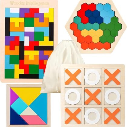 4 Pack Wooden Blocks Puzzles, Russian Blocks, Hexagon Puzzles, Tangrams Puzzles, Board Tic Tac Toe Game, Brain Teasers Toy Logic Game, Montessori STEM Educational Toys Present for Kids and Adults