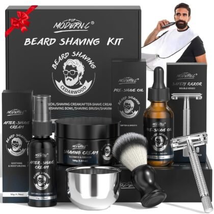 8Pcs Shaving Kit for Men Gift Basket for Christmas Birthday Father's Day Includes Pre-Shave Oil Shaving Cream After Shave Cream 10pcs Razor Blades Safety Razor Shaving Bowl Shaving Brush Beard Bib