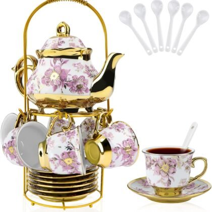 20 Pcs Porcelain Tea Set with Metal Holder, European Ceramic Tea Set for Adults, Adult Tea Set Gift, Flower Tea Cup Saucer Set for Party With Gold Flower Painting (Elegant Purple/500ml)