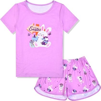 QPANCY Summer Pajamas for Girls Pjs Sets Short Sleeve Summer Sleep Night Shirt Clothes