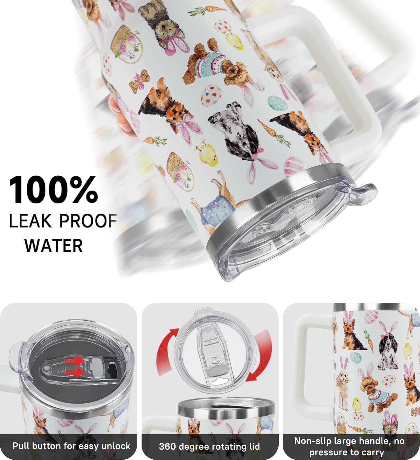 Easter Tumbler 40 oz Bunny Ears Dog Cup Coffee Mugs Cute Puppy Chick Leak Proof Cups with Handle and Straw Stainless Steel Vacuum Insulated Water Bottle Easter Gifts Spring Decor (1PCS) - Image 5