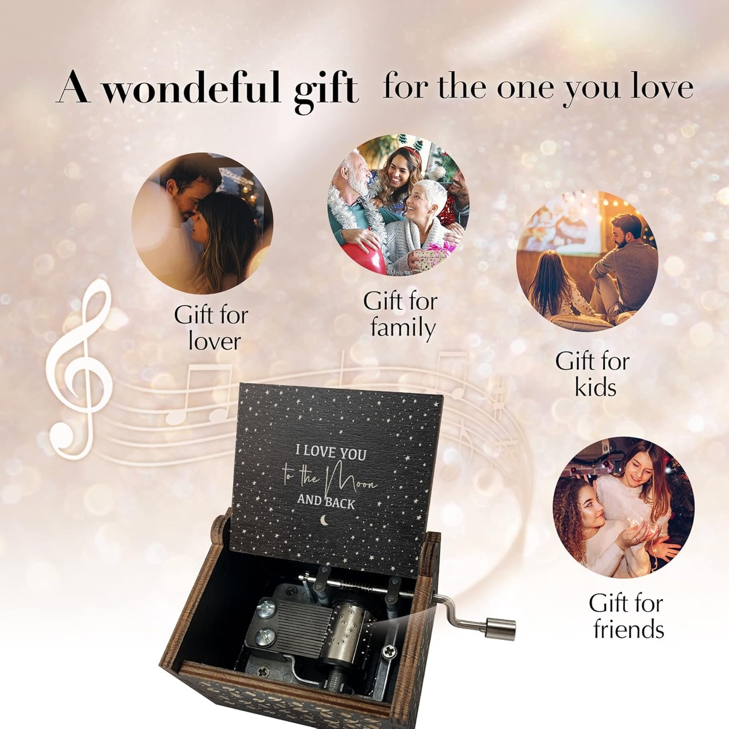 Love You to The Moon and Back Wooden Music Box,Hand Crank Antique Engraved Wood Musical Boxes Gifts for Lover Girlfriend Boyfriend Wife Husband on Birthday Valentine's Day(Black) - Image 3