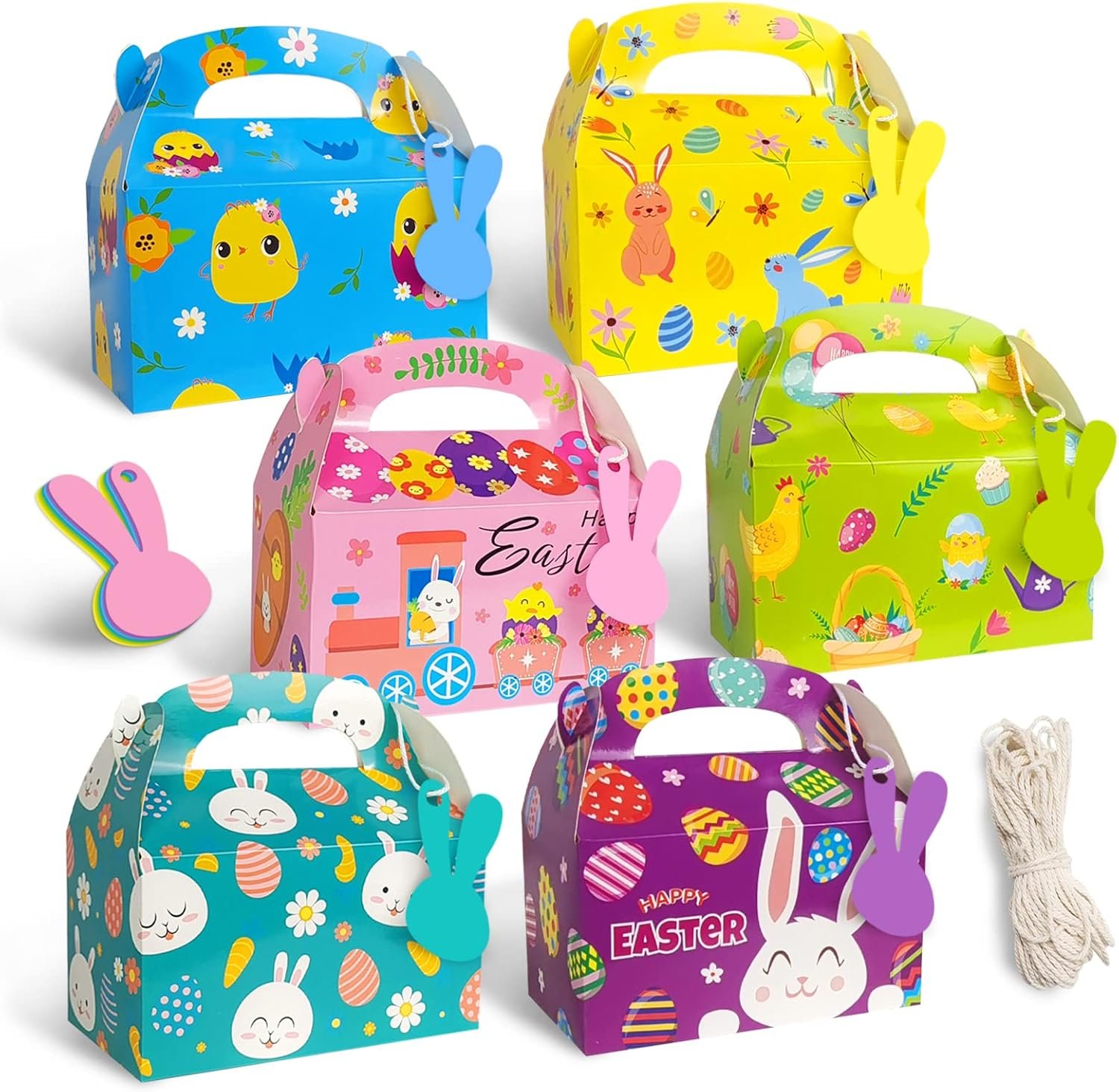 KiDEPOCH 24 Pcs Easter Treat Boxes Easter Cardboard Boxes Funny Gift Boxes with Rabbit Tags & Rope for Candy Snacks Cookie Small Gifts