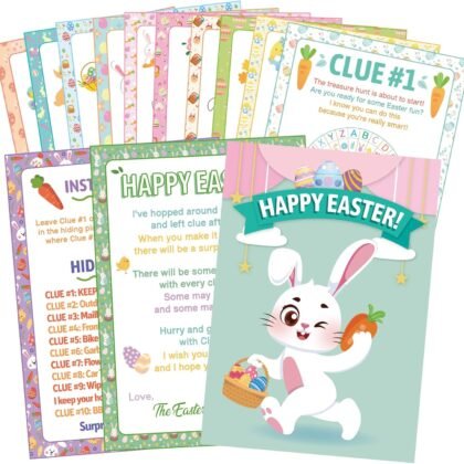 HOWAF 11pcs Outdoor Easter Hunt Clues Cards, Outdoor Easter Party Games Easter Scavenger Hunt with Friends, Family