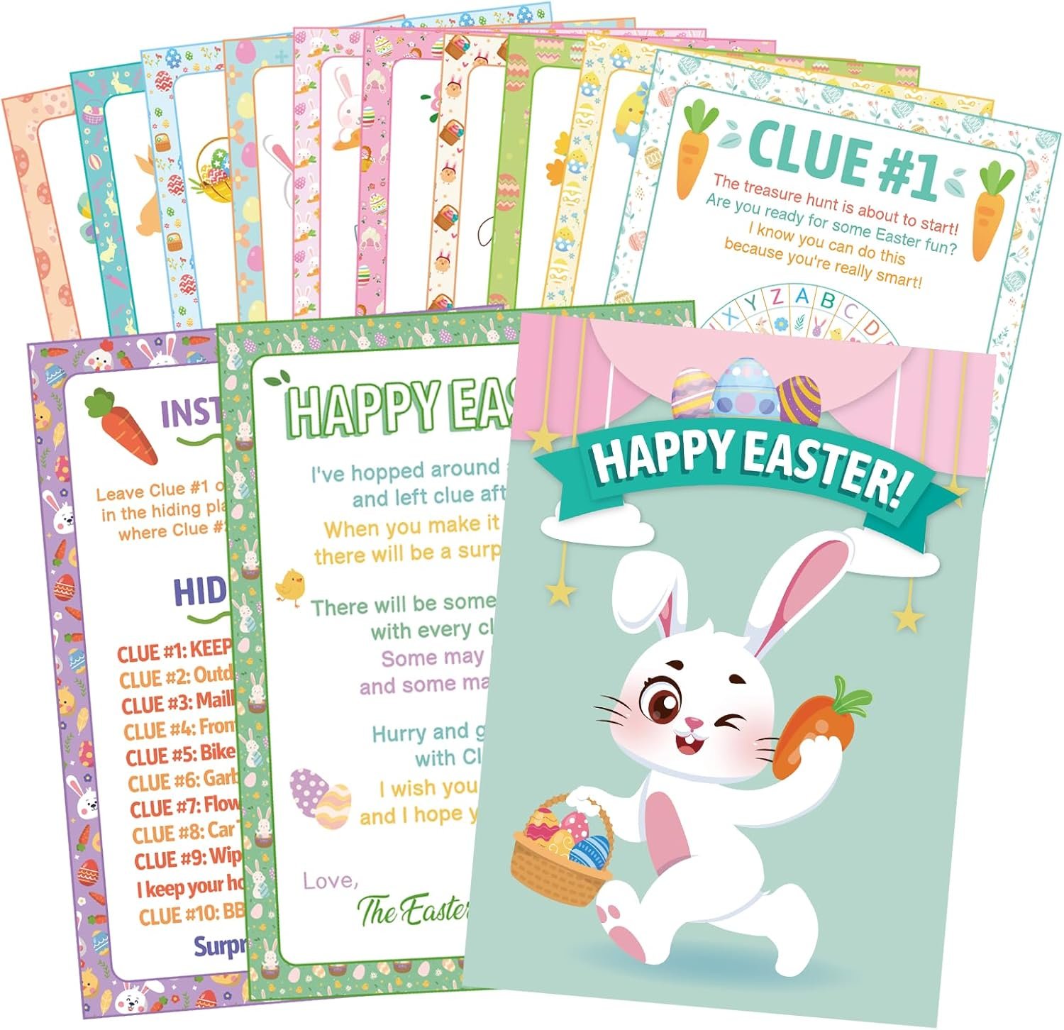 HOWAF 11pcs Outdoor Easter Hunt Clues Cards, Outdoor Easter Party Games Easter Scavenger Hunt with Friends, Family