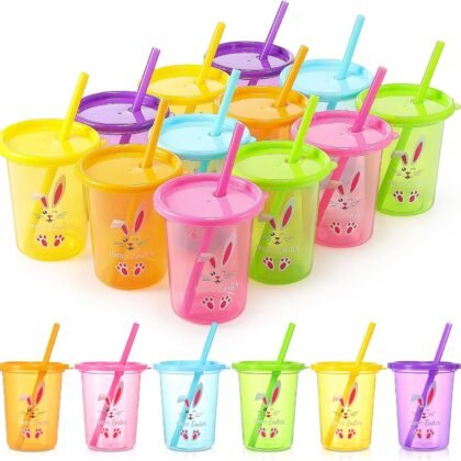 Nuanchu 12 Pcs Cute Easter Plastic Cups with Lids and Straws Color Changing Cups Reusable Tumbler with Lid and Straw for Coffee Cold Drinking Travel Parties (Classic Color)