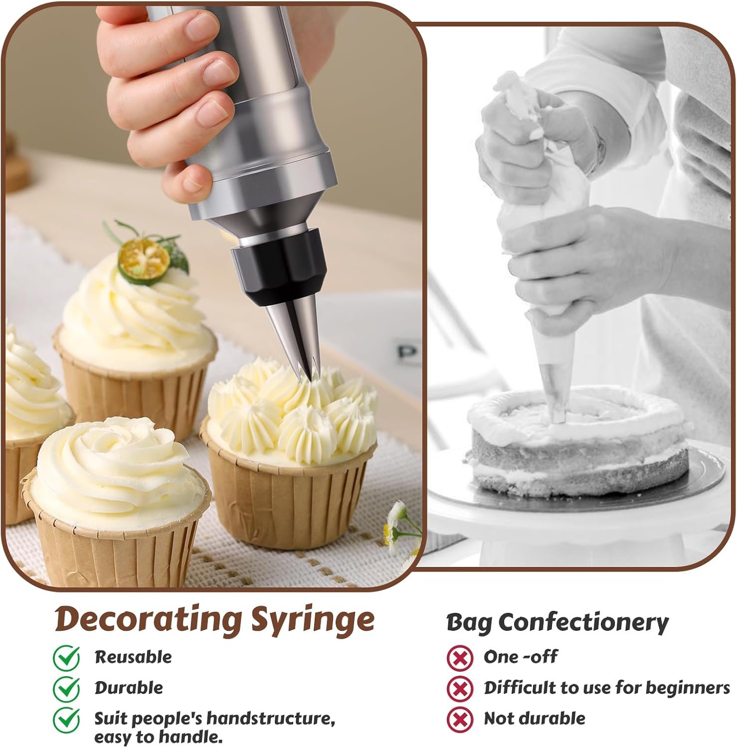 Dessert Decorating Syringe Set, Stainless Steel Frosting & Icing Piping Kit with 6 Tips and 9 Silicone Cupcakes,3 Cream Scraper for Cake Decorating Tools Cupcake Decorating Kit - Image 5