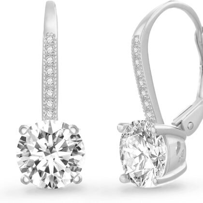 Lesa Michele Rhodium Plated 925 Sterling Silver Cubic Zirconia Drop Lever Back Bridal Earrings for Women Imitation Birthstone