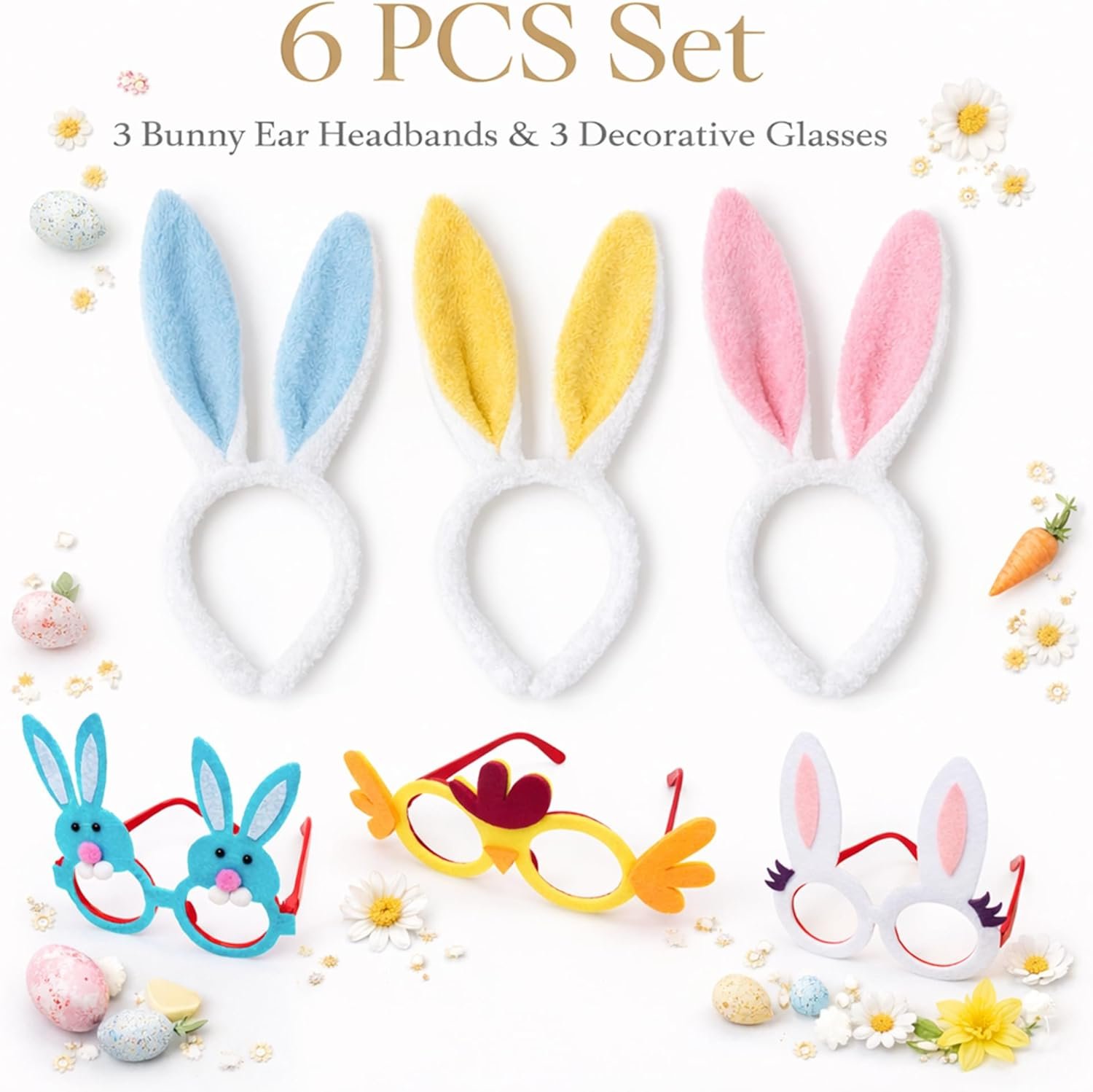 Easter Headbands and Glasses Set, 6PCS Bunny Ear Headbands & Funny Easter Glasses, Cute Photo Props for Easter - Image 6