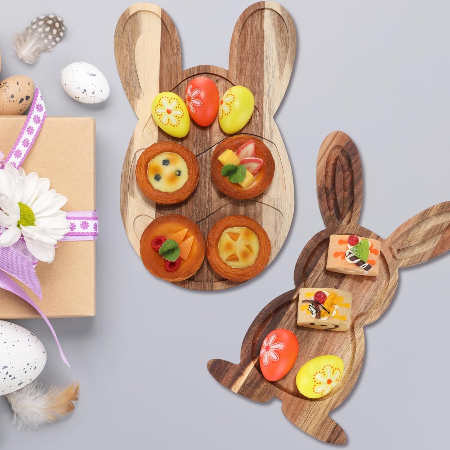 Pickmesh 2 Pack Easter Plates Bunny Wooden Serving Platter Rabbit Egg Acacia Wood Cutting Board with Groove Easter Serving Tray Dinner Dessert Fruit Bread Plates for Kitchen Restaurant Home Parties - Image 6