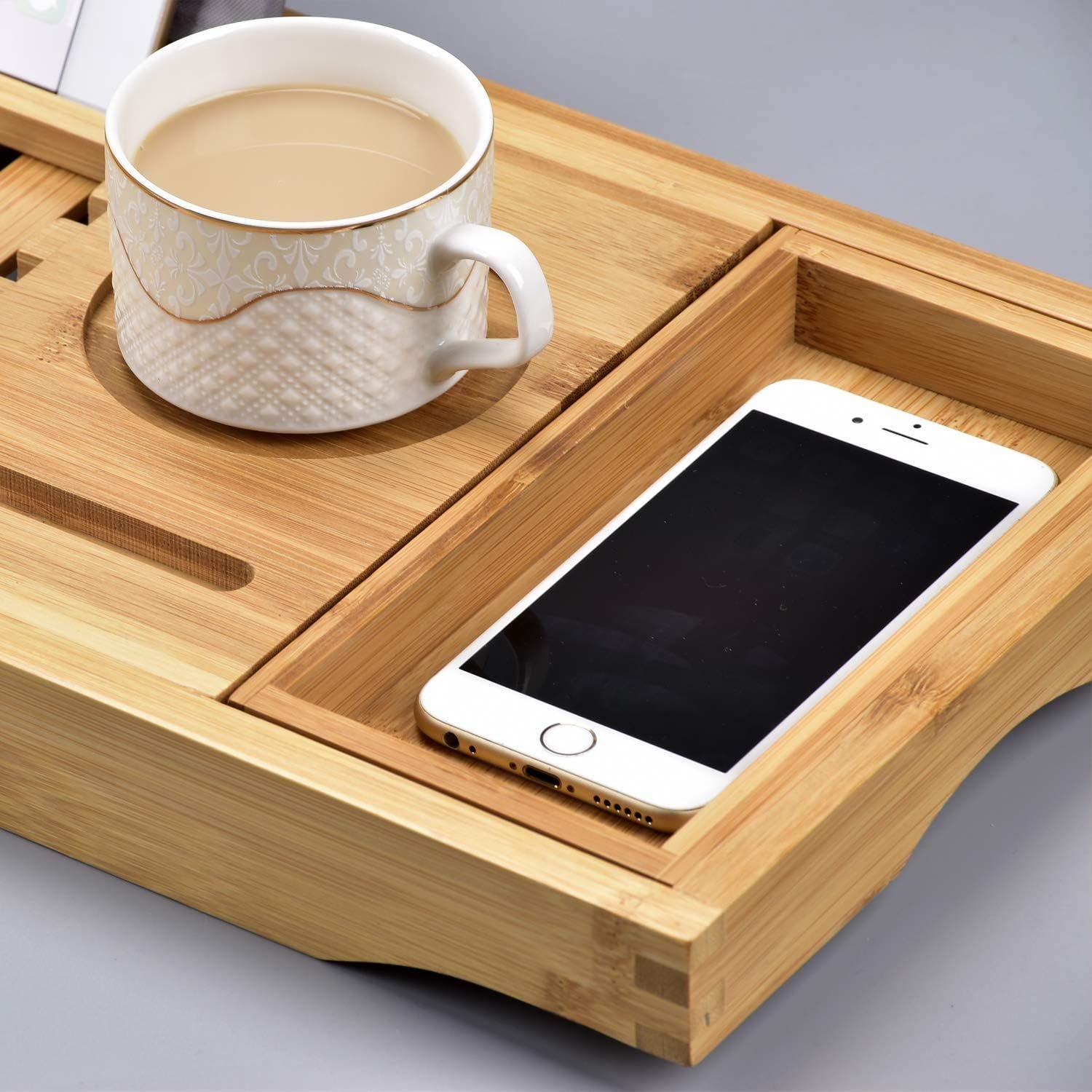 Luxury Bamboo Bathtub Tray - Wooden Expandable Caddy with Book, Tablet, Wine Holder - Gift Idea - Image 9