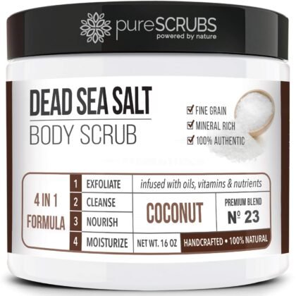 pureSCRUBS Premium Coconut Body Scrub Set - Large 16oz Dead Sea Salt Body Scrub With Infused Essential Oils & Nutrients, Includes Wooden Spoon, Loofah & Oatmeal Exfoliating Bar Soap