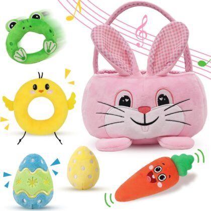 Baby's First Personalized Easter Basket Playset, 6ct Stuffed Plush Easter Basket with Pink Bunny Chick Carrot Egg Frog Easter Basket Stuffers for Girls Kids Infants Easter Decorations Gifts