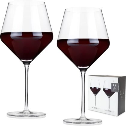 Viski Raye Angled Burgundy Wine Glasses, Crystal Clear Red Wine Glasses for Wedding, Anniversary, Birthday Gifts for Women and Men, Home Bar, Elegant Glassware, 21 oz, Set of 2