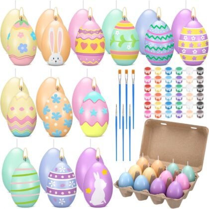 Conelist 25 Pcs Easter Egg Candle Painting Kit Easter Painting Crafts for Adult Macaron Egg Shaped Candles with Carton Acrylic Paint Strips Paintbrushes for Spring DIY Gift Basket Stuffers