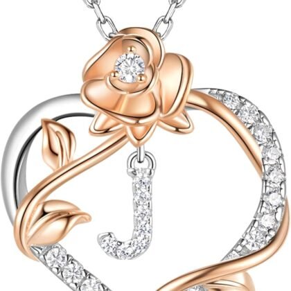 Rose Heart Letter Initial Necklace for Women, S925 Sterling Silver Pendant Necklace Adjustable Dainty Rose Flower Jewelry Gift for Her