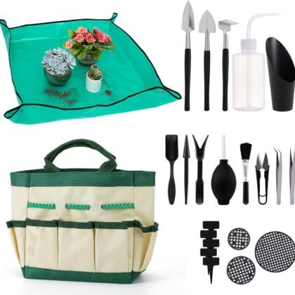 44pcs Small Gardening Tools Gifts for Women Beginners - Garden Hand Tools Set for Indoor Succulent Bonsai Plants Transplanting, Included Bag/Repotting Mat/Shovel/Labels, Green