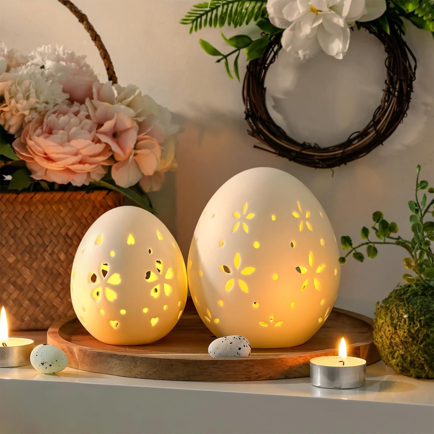 Easter Decorations: White Ceramic Lighted Easter Egg Set of 2, Farmhouse Rustic Hollow Easter Eggs Light Up Tabletop Statue, Easter Home Table Decor, Hunting Party Supplies Gifts for Kids - Image 6