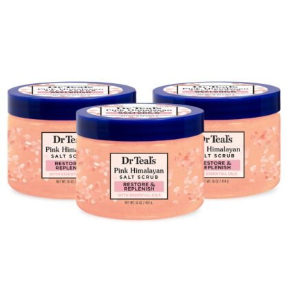 Dr Teal's Pink Himalayan Salt Body Scrub, Restore & Replenish with Pure Epsom Salt & Essential Oils, 16 oz (Pack of 3)