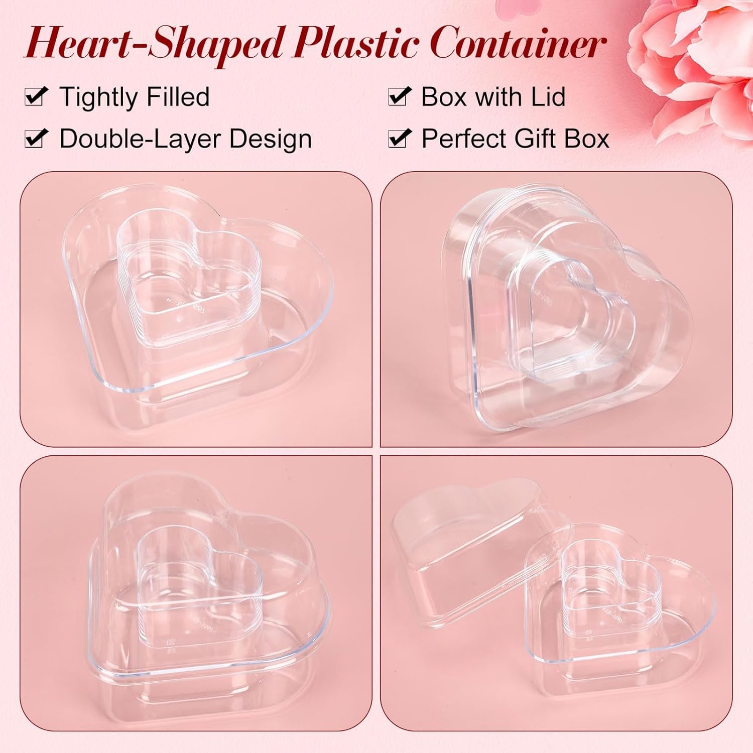 4 Pcs Valentine's Day Heart Shaped Plastic Container 5.4" W x 3.5" H Clear Double-heart Box with Lid Valentine's Plastic Storage Box with Ribbon for Packaging Candies, Dessert, Snack - Image 4