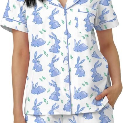 Women Easter Pajamas Set Cute Bunny Button Down Shirt and Shorts Set 2 Piece Easter Pajamas