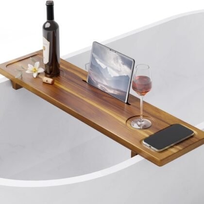 Bathtub Tray, Acacia Bath Tray for Tub, 34.6''x9'' Wooden Bathtub Caddy Tray with Adjustable Legs Fit Various Bathtubs, Anti-Tipping, Sustainable Bath Table with Wine Glass and Tablet Holder