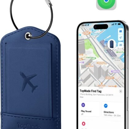 TopMade Smart Luggage Tag with Find My, Premium Leather Luggage Tags for Suitcase, Travel Bags, Backpacks, Anti-Lost Suitcase Tag Tracker for Travel with Privacy Name Card, Rechargeable
