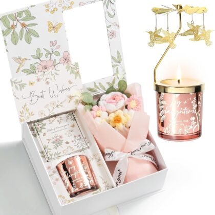 Mothers Day Gifts for Women Mom Friend Sister, Unique Birthday Gifts for Women Girlfriend Wife Daughter, Christmas Candles Hummingbird Rotating Scented Candles Set for Woman w/Crochet Flower Bouquet