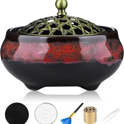 Incense Holder, Ceramic Incense Burner, Spiritual Gift, Durable & Elegant Design for Yoga, Altar, or Relaxation,Large Capacity Incense ash Catcher. (Fambe Red)