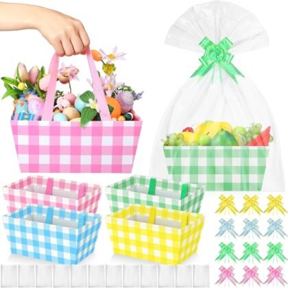 Skyygemm 12 Pcs Easter Basket for Gifts Empty 9.8 x 6.5'' Colorful Gift Basket with Handles, Bows, Plastic Bags and Twist Ties to Fill for Spring Easter Wedding Birthday Goodies Stuffer, Party Favors