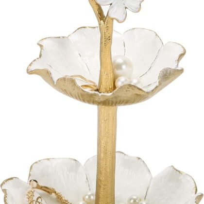 NIKKY HOME Gold Metal Jewelry Holder Stand With Ring Tray, Tree Jewelry Organizer Decorative Flower Jewelry Necklace Holder Organizer Rack Tower