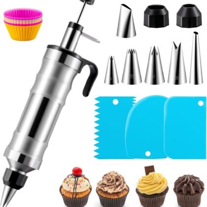 Dessert Decorating Syringe Set, Stainless Steel Frosting & Icing Piping Kit with 6 Tips and 9 Silicone Cupcakes,3 Cream Scraper for Cake Decorating Tools Cupcake Decorating Kit