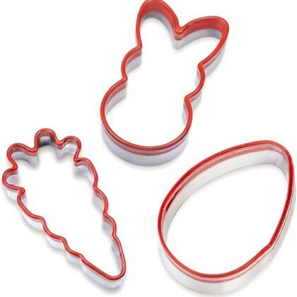 3-Piece Easter Fun Cookie Cutters, Easter Bunny, Egg and Carrot,Heavy Duty Food-Grade Stainless Steel,Unique Design with Protective Red Top PVC