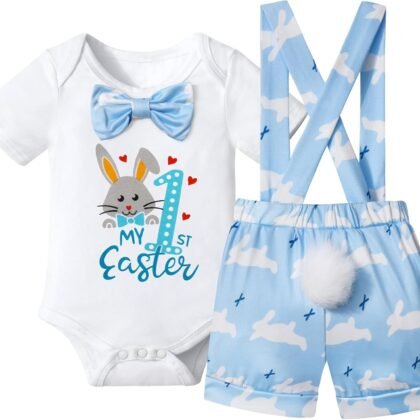 DONWEN Baby Boy Easter Outfit My 1st Easter Bowtie Romper + Bunny Suspender Shorts with Tail 2pcs Clothes Set