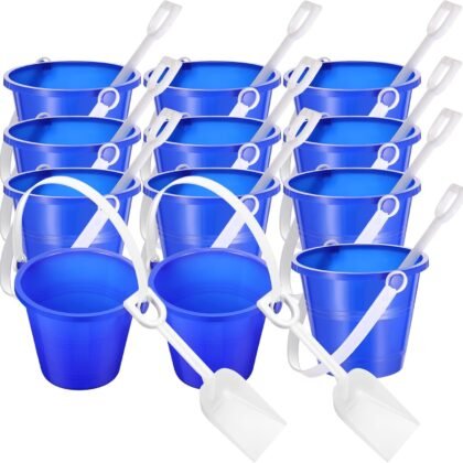12 Pack 4 Inch Beach Buckets and Shovels for Kids Sand Pails Plastic Sand Buckets Bulk Small Toy Pails at The Beach, Use for Toddlers Little Guys(Blue)