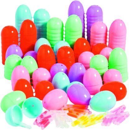 Fun Express, Glow in the Dark Easter Eggs with Mini Glow Sticks, 100 eggs, 100 Glow Sticks, Fillable Plastic Eggs, Multicolor Assortment, Easter Egg Hunt Kit, GID Easter Egg Hunt Supplies